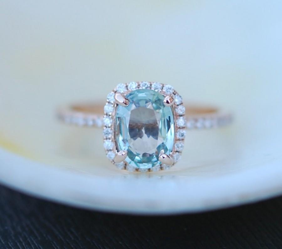 Mariage - Rose Gold Engagement Ring Aqua green Sapphire Ring 1.55ct cushion 14k rose gold diamond ring. Engagement rings by Eidelprecious.