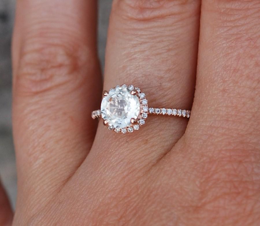 Wedding - Rose gold engagement ring Champagne sapphire diamond ring 14k rose gold round sapphire