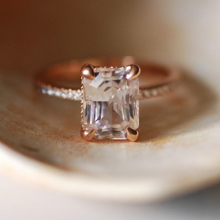 Mariage - Blake Lively ring White Sapphire Engagement Ring emerald cut 18k rose gold diamond ring 3.02ct White sapphire ring
