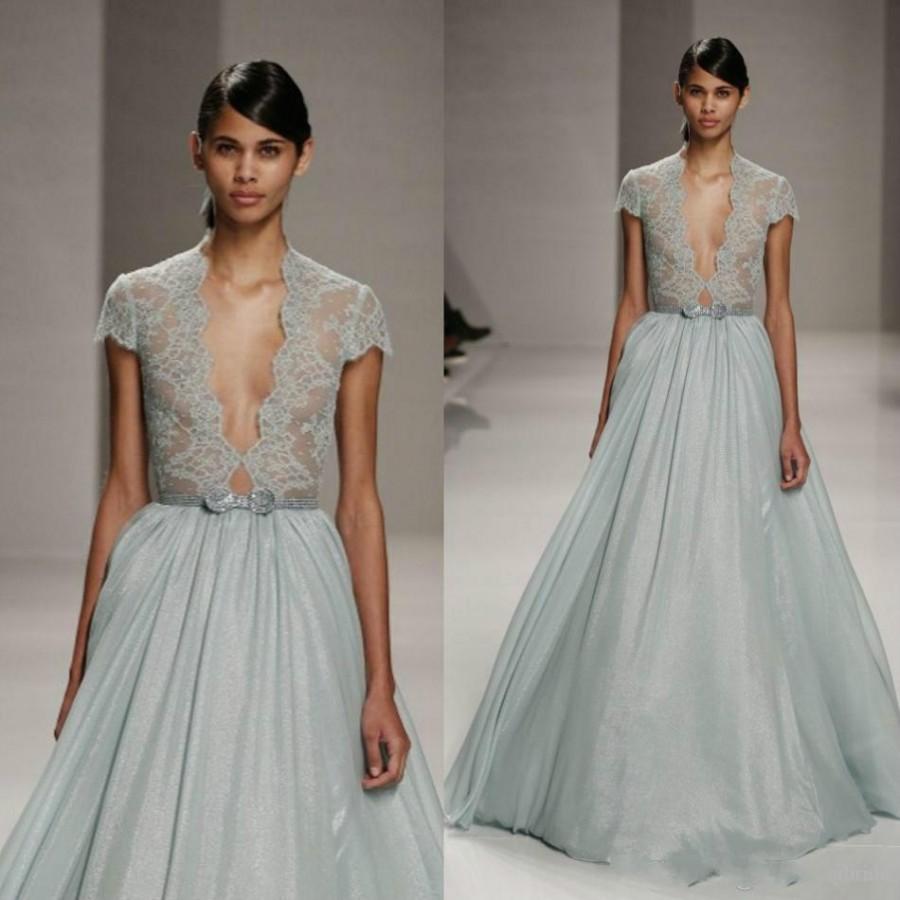 Hochzeit - Cheap Evening Dresses V-Neck Capped 2016 Mint Green Long Prom Party Dress Formal Lace Runway See Through Elie Saab Celebrity Gowns Online with $112.31/Piece on Hjklp88's Store 