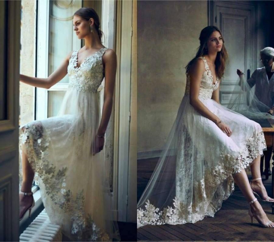 Свадьба - 2016 Romantic High Low Lace Wedding Dresses Garden Spring V Neck A Line Summer Beach Bridal Gowns with Appliques Ivory Wedding Ball Online with $105.93/Piece on Hjklp88's Store 