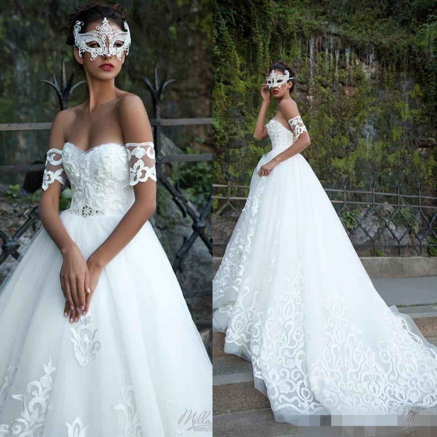 Mariage - Modest 2016 Wedding Dresses Applique Sweetheart Full Lace Beads White Wedding Ball Gowns Chapel Train Milla Nova Bridal Dress Custom Made Online with $114.44/Piece on Hjklp88's Store 