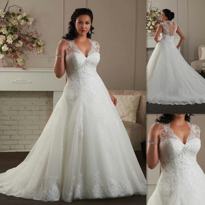 Hochzeit - Plus Size Wedding Dresses 2016 Cap Sleeves A-line White Tulle Appliques Lace Sweetheart Big Size Bridal Gowns Formal Custom Made Bride Dress Online with $104.39/Piece on Hjklp88's Store 