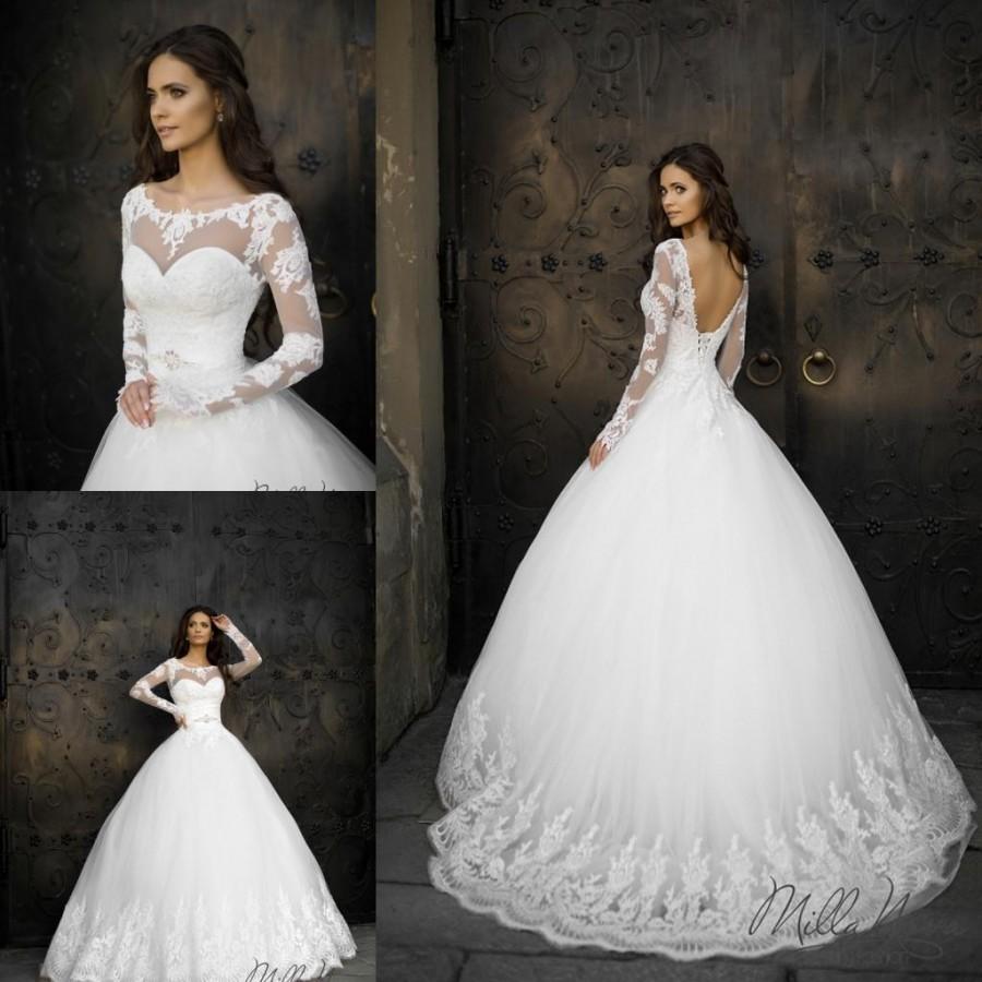 Hochzeit - Exquisite 2016 Milla Nova Sheer Long Sleeves Wedding Dresses Bateau Lace Up Graceful Ball Gowns Sweep Train A-Line Bridal Dress Online with $107.48/Piece on Hjklp88's Store 