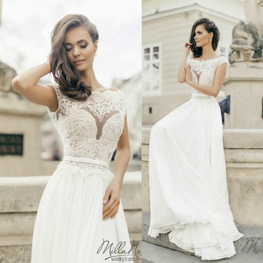 Hochzeit - Stunning Milla Nova Beach Wedding Dresses White 2016 Sheer Chiffon Summer Bridal Ball Gowns With Lace Scoop Cap Sleeves Sweep Train A-Line Online with $96.65/Piece on Hjklp88's Store 