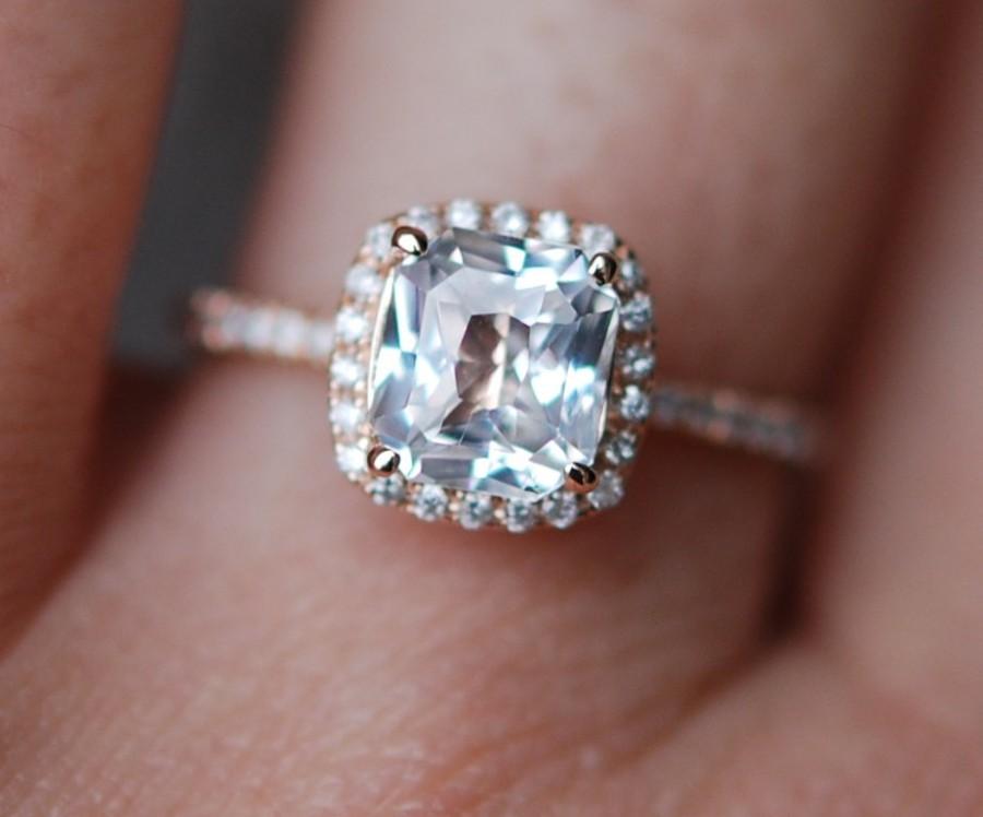 White Sapphire Engagement Ring 14k Rose Gold Diamond Ring 1.73ct Radiant Cut Cushion Sapphire