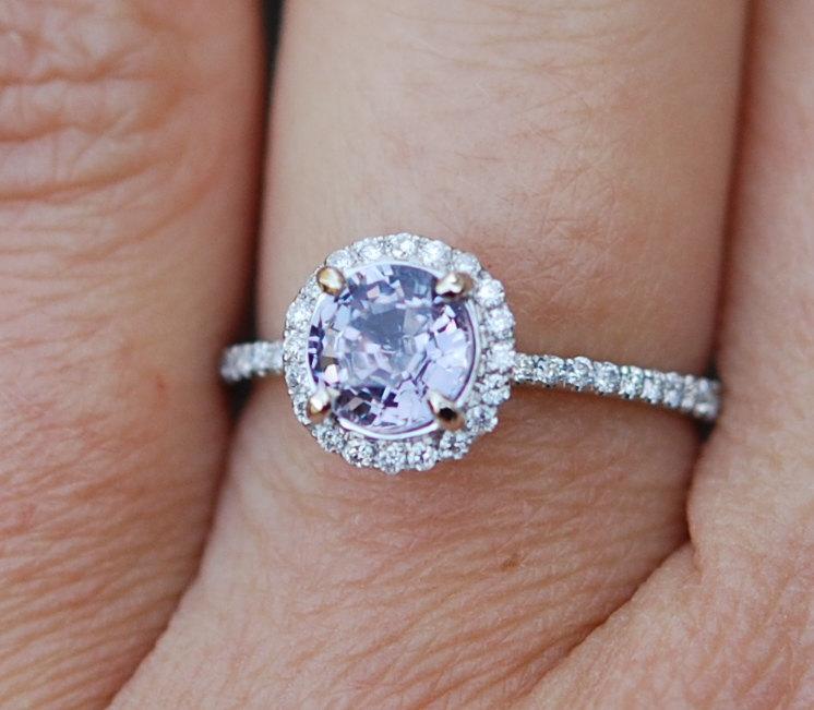 Wedding - Lavender sapphire ring 1.12ct unheated sapphire halo diamond ring 14k white gold engagement ring