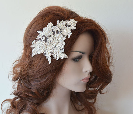 Wedding - Ivory Lace Wedding Headband, Silver Silvery Lace Bridal Hair Comb, Wedding Headband, Bridal Hair Accessory, Wedding Hair Accessories