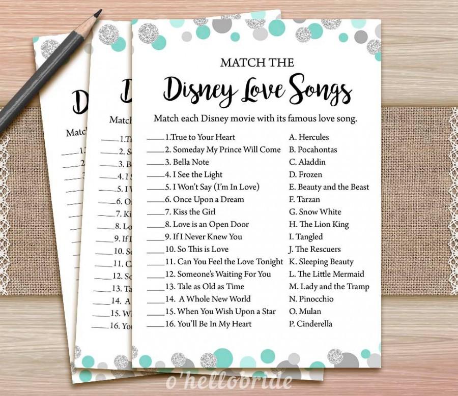 Mariage - Disney Love Songs Bridal Shower Game - Printable Mint Turquoise Bridal Shower Love Song Game  - Bridal Shower Game - Bachelorette Games 005