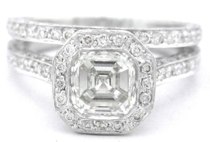 Hochzeit - Asscher cut diamond bezel set engagement ring and band 2.45ctw