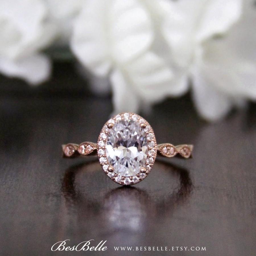 Hochzeit - 2.55 ct.tw Rose Gold Art Deco Halo Engagement Ring-Oval Cut Diamond Simulant-Bridal Ring-Wedding Ring-Delicate Art Deco-925 Sterling Silver