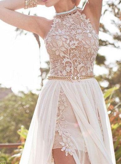 Mariage - Lace Top Sexy Backless Beach Prom Dresses Empire Waist