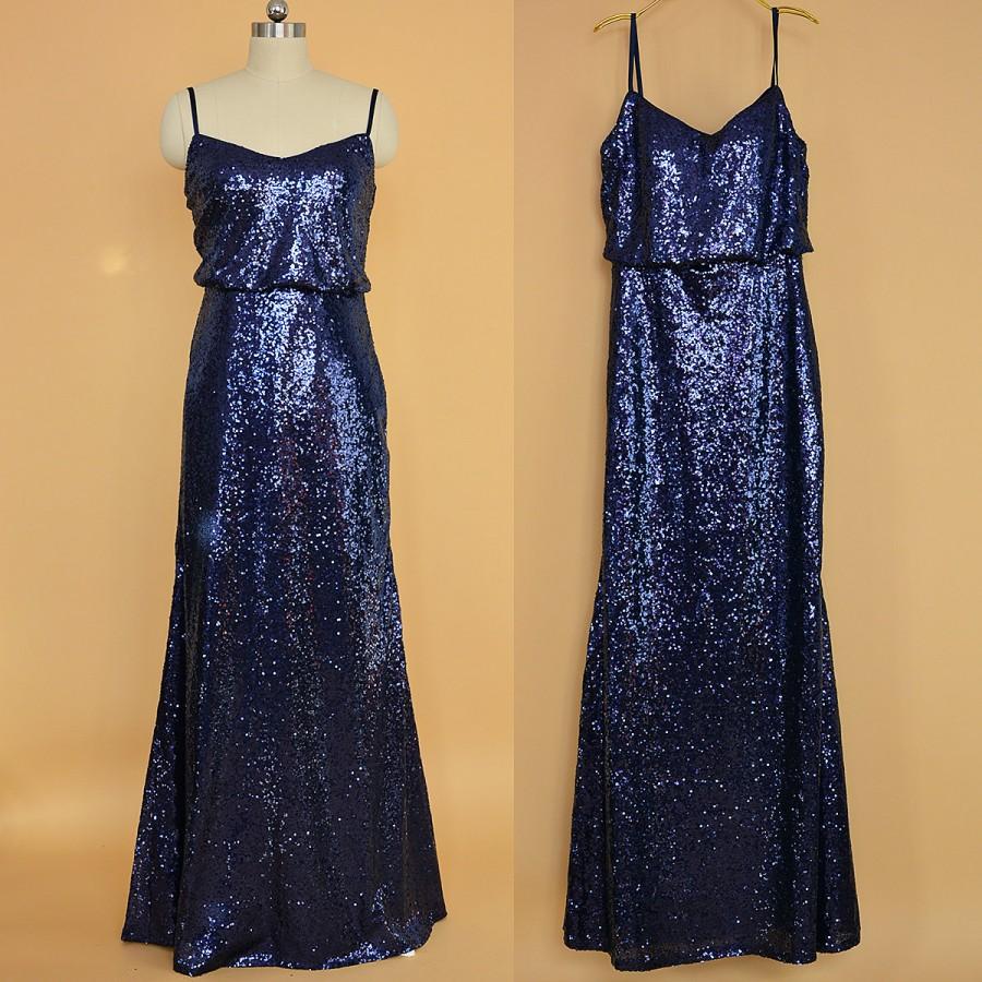 Mariage - Long Sequin Bridesmaid Dress/ Dark Navy Sequins Prom Dresses/Sexy prom dress