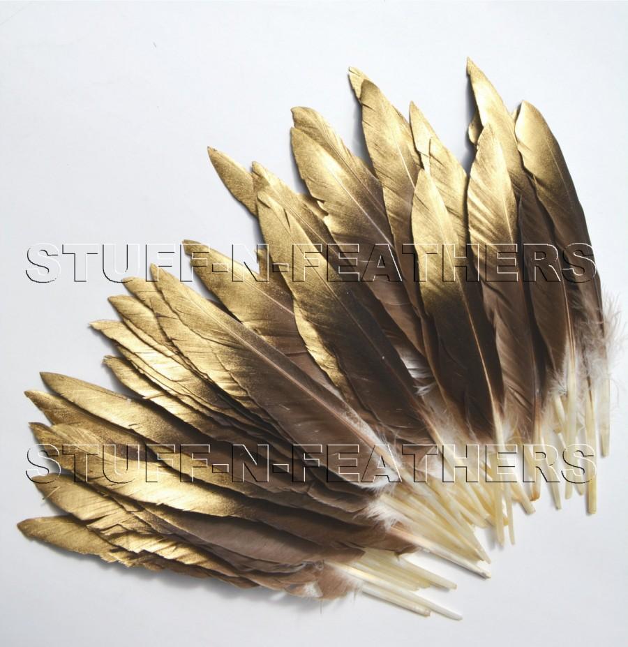 زفاف - Wholesale / bulk  GOLD tip Natural brown duck feathers, painted feathers - "Gold Dust" / 6-8 in (15-20 cm) long, 60+ pieces /FB172-6GD