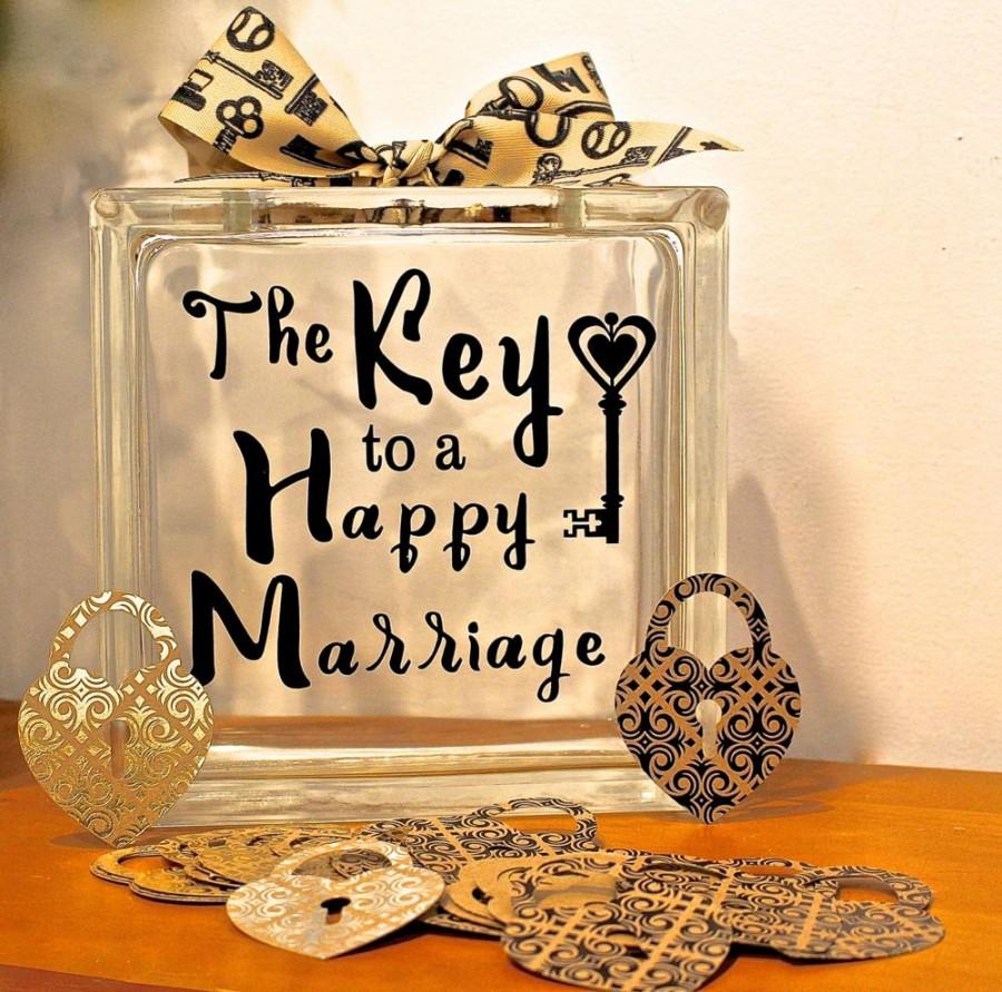 Wedding - Guest Book Alternative - Glass Block with "The Key to a Happy Marriage" - May Be Personalized for Free - Paper Locks in Coordinating Colors