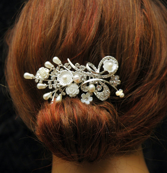 Hochzeit - Silver Wedding Hair Comb, Pearl Hair Comb,Bridal Hair Comb Wedding Hair Accessories,Wedding Hair piece, Wedding Hair Piece, Flower Hair Comb