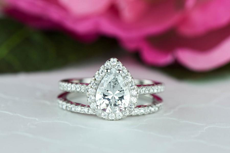 زفاف - 1.5 ctw Classic Pear Cut Halo Engagement Ring, Wedding Set, Man Made Diamond Simulants, Half Eternity Ring, Sterling Silver, Stacking Ring
