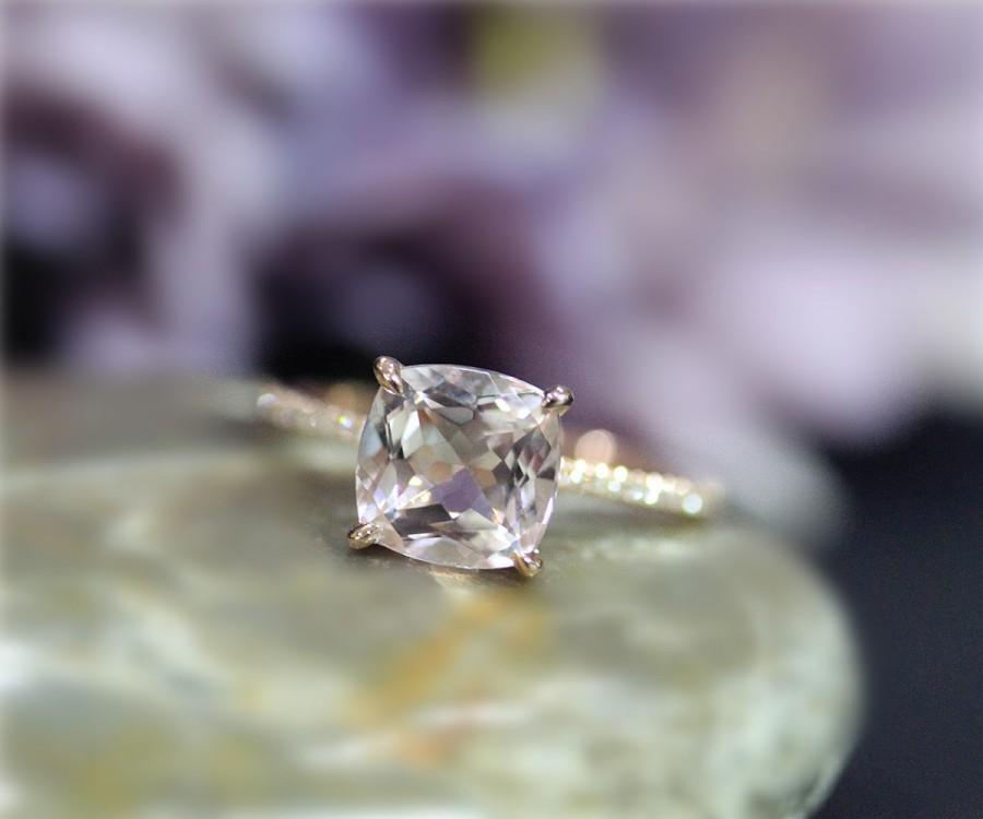Hochzeit - 8mm Natural VS Pink Cushion Morganite Ring Solid 14K Rose Gold Ring Diamonds Ring Wedding Ring Promise Ring Anniversary Ring Engagement Ring