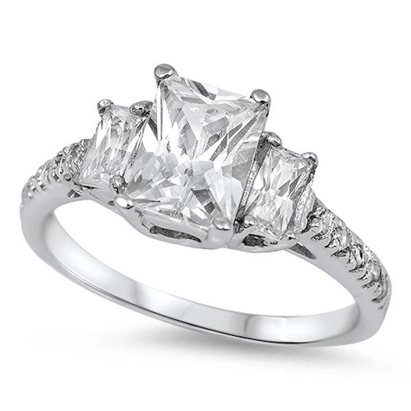 Hochzeit - 925 Sterling Silver Three Stone Wedding Engagement Anniversary Ring 6.00 Carat Radiant Cut Round Russian Ice Diamond CZ Accent Rectangular