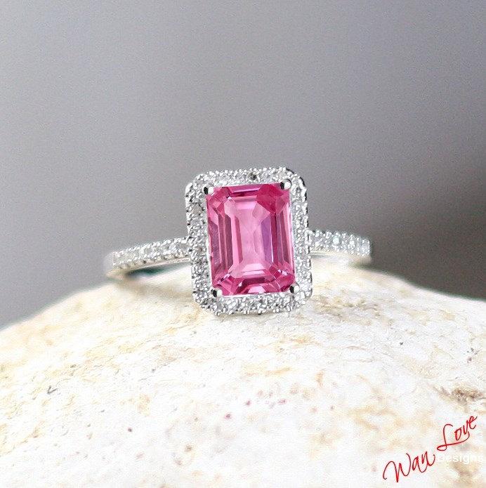 زفاف - Pink Sapphire & Diamond Emerald Radiant Halo Engagement Ring 2ct 8x6mm 14k 18k White Yellow Rose Gold-Platinum-Custom-Wedding-Anniversary