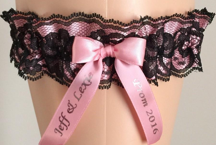 Hochzeit - New Pink and Black Lace Wedding Garter, Bridal Garter, Prom Garter, Personalized Garter, Keepsake Garter, Garter, Bridal Gift, Lace Garter