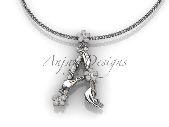 Mariage - 14k white gold   diamond floral,leaf and vine initial pendant ADLR196