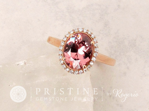 Hochzeit - Peach Pink Apricot Colored Spinel 2cts in 14k Rose Gold Engagement Ring Diamond Halo Gemstone Engagement Ring