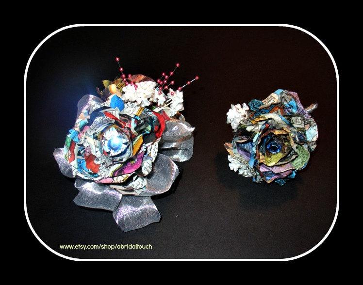 Wedding - Made to Order Paper Rose Wrist Corsage and Matching Boutonniere, Comic Book Paper, Music, Book Paper, Crepe Paper, Childrens' Book Paper