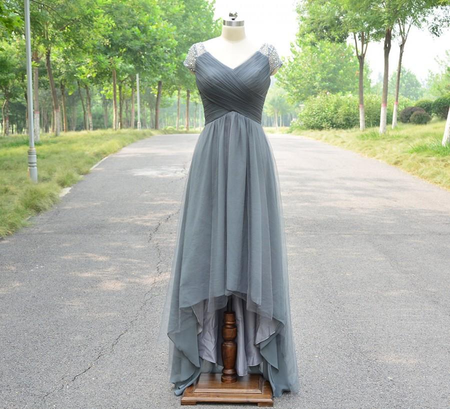 Wedding - Silver Tulle Bridesmaid Dress, Evening Dress V-Neck and Cap Sleeve, Grey A-line Prom Dress, Floor Length wedding party dresses
