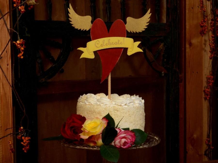 زفاف - Wedding Cake Topper - Winged Heart w CELEBRATE banner in cursive font - assorted color banners available