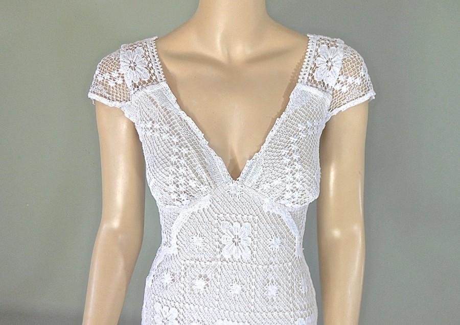 Hochzeit - Hippie Boho WEDDING Dress, Crochet Lace Wedding Dress, Simple WEDDING dress, Beach Wedding Dress Sz Small