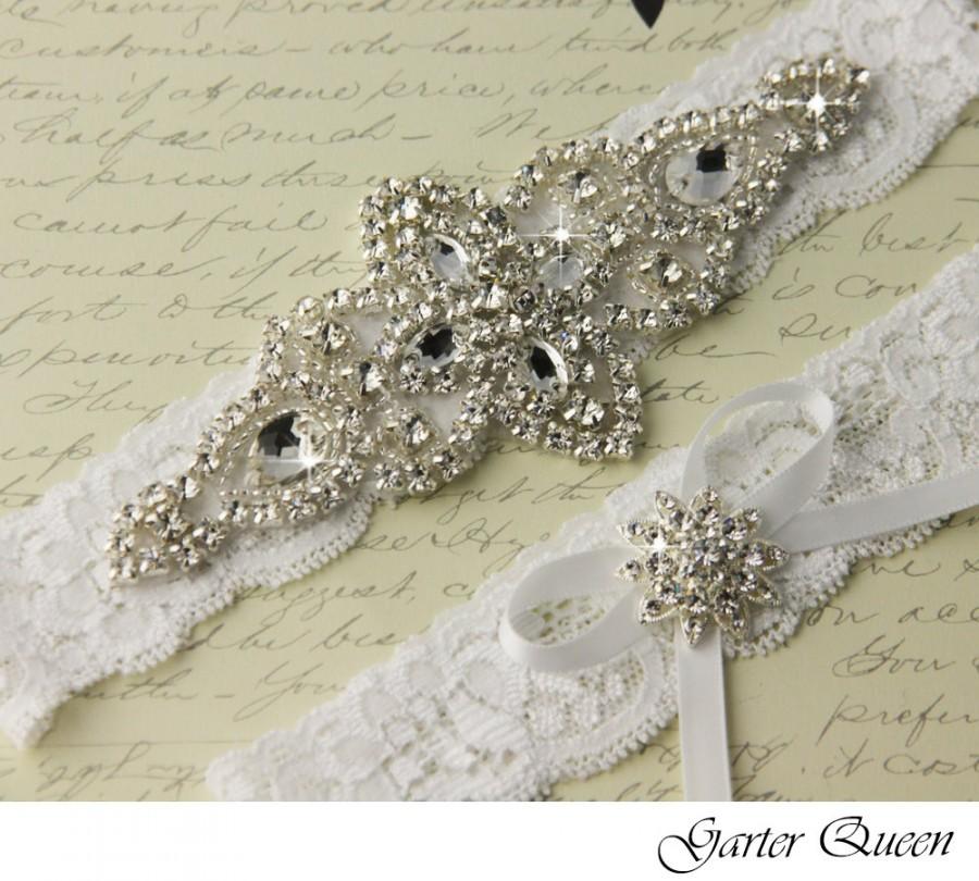Hochzeit - Wedding garter set, White stretch lace Bridal Garter set, Heirloom Rhinestone and Crystal garters