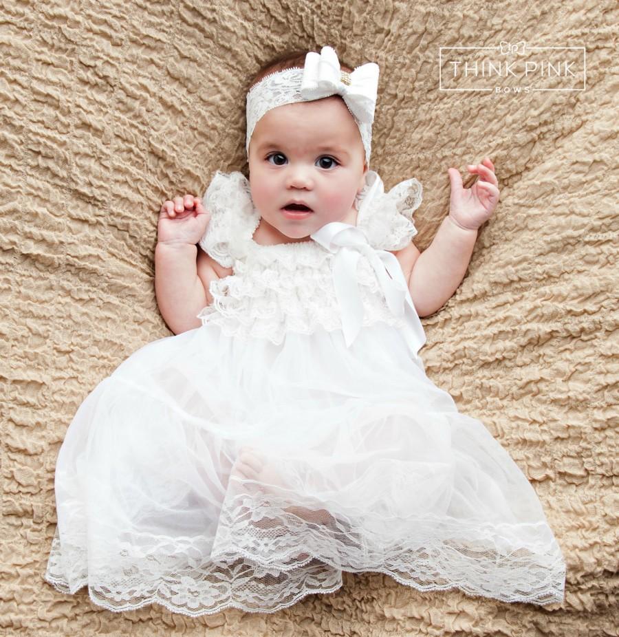 Hochzeit - Baby dress, flower girl dress, Rustic flower girl, country flower girl, White lace baby dress, Baptism dress, Girl dress, Baby 1st birthday