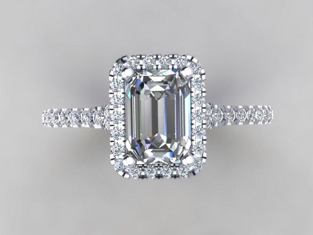 Emerald Cut Diamond Simulate Center Halo Engagement Ring 14kt White