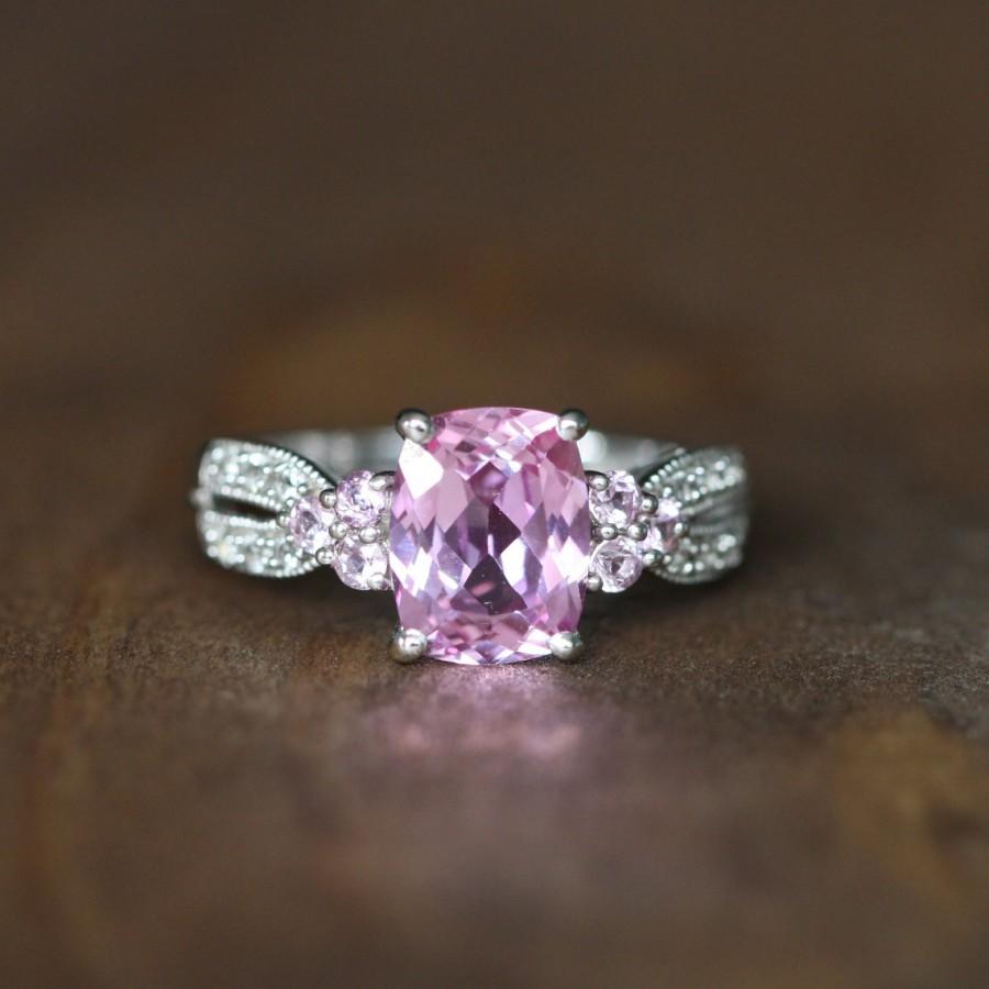 Wedding - Cushion Cut Pink Sapphire Solitaire Ring in 10k White Gold Sapphire Engagement Ring September Birthstone Gemstone Ring, Size 6.5 (Resizable)