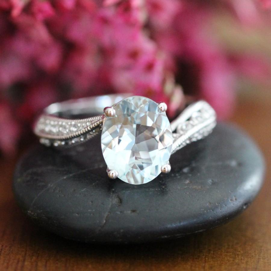 زفاف - Vintage Inspired Aquamarine Engagement Ring 10k White Gold Milgrain Wedding Band Solitaire Gemstone Ring March Birthstone Size 7 (Resizable)
