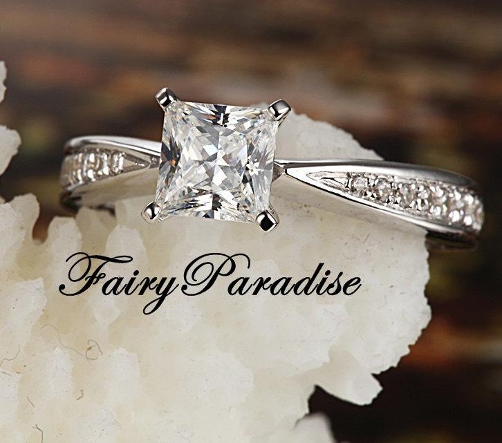 زفاف - Classy 0.5 Ct Princess Cut (5 mm) Lab Made Diamond Solitaire Engagement Promise Ring in Pave Band, Free Gift Box ( Fairy Paradise )