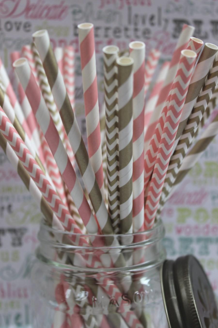 زفاف - 100 Gold and Blush Pink Party Straws in Stripes and Chevron - Wedding Straws with Printable DIY Flag Template - 50 ea. design