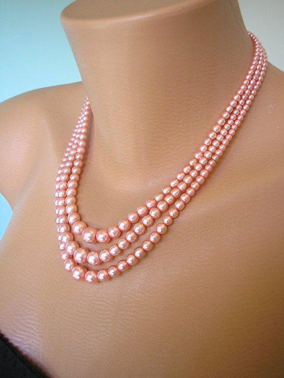 Свадьба - Pink Pearls, Pink Pearl Necklace, Art Deco, Great Gatsby, 3 Strand, Bridal Pearls, Wedding Jewelry, Shell Pink, Downton Abbey, Rhinestone