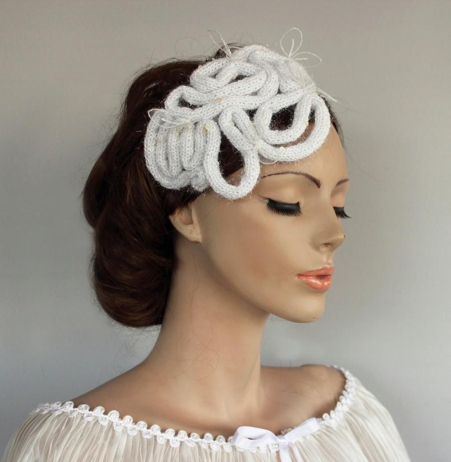 Wedding - Retro Wedding Mini Hat Fascinator Headdress Bridal Headpiece Alternative Hair Unconventional Art Deco Glam Wedding Headband White Shiny OOAK