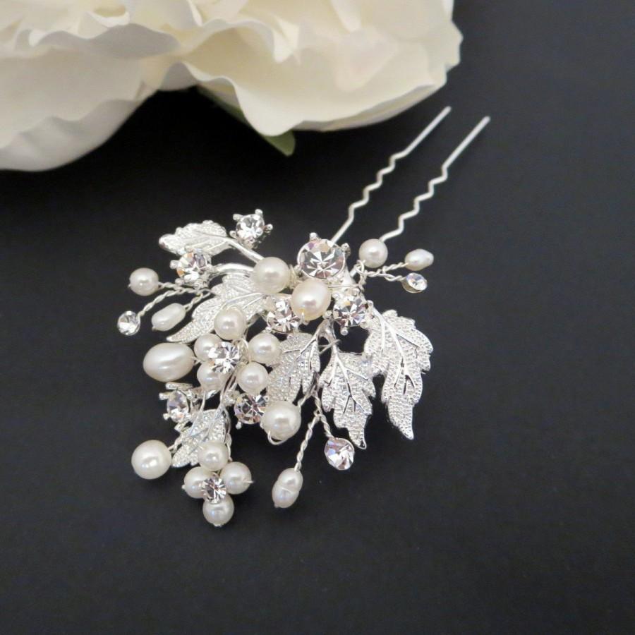 Wedding - Pearl hair pin, Crystal bobby pins, Bridal hair comb, Freshwater pearl, Hair accessory, Silver leaf headpiece, Bridal hair clip