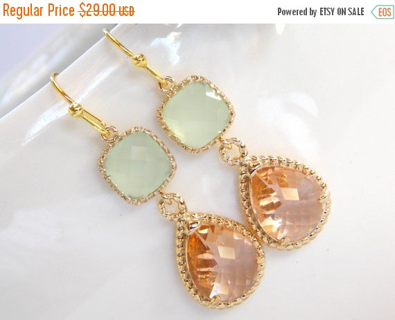 Hochzeit - SALE Wedding Jewelry,Peach and Mint Earrings,Green and Champagne,Gold,Blush and Soft Green,Bridesmaid Jewelry,Wedding Gift,Dangle,Bridesmaid