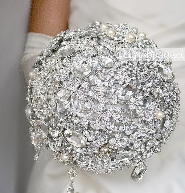 Wedding - Silver Crystal Wedding Brooch Bouquet, Grey Bridal Bouquet, Jewelry Bouquet, Rhinestone Bouquet, Broach Bouquet, Gatsby Wedding Bouquet