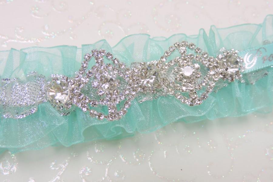 Wedding - Light Aqua Chiffon prom garter,  Jeweled aqua prom garter,  prom garter