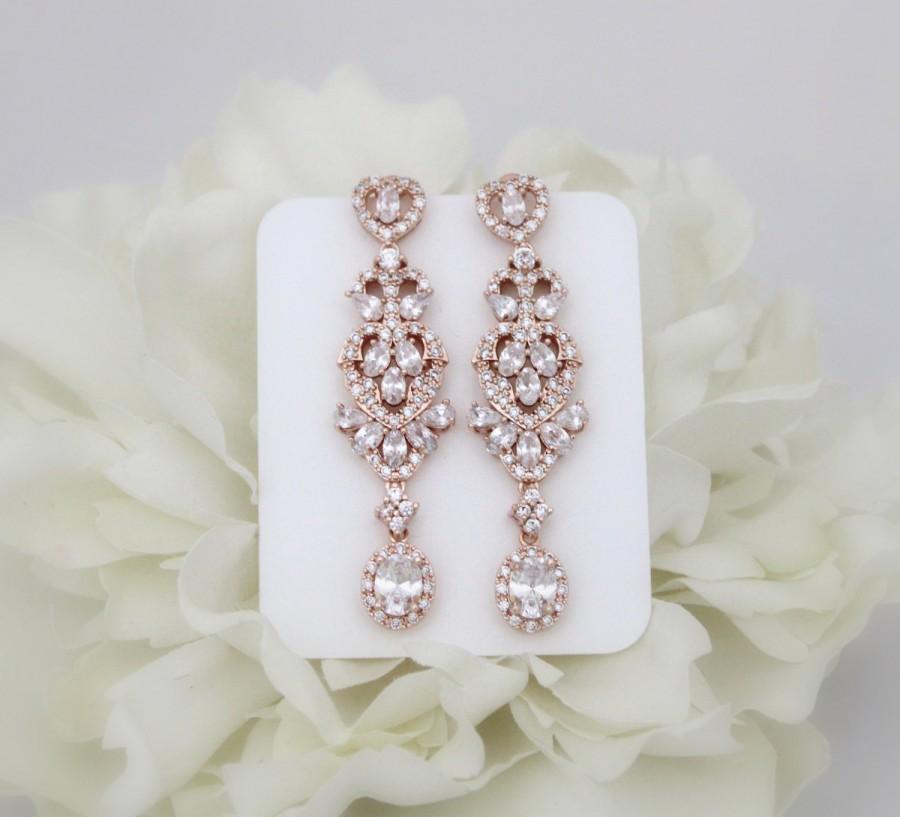 زفاف - Rose Gold Bridal earrings, Crystal Wedding earrings, Bridal jewelry, Long earrings, Chandelier earrings, CZ earrings, Rhinestone earrings