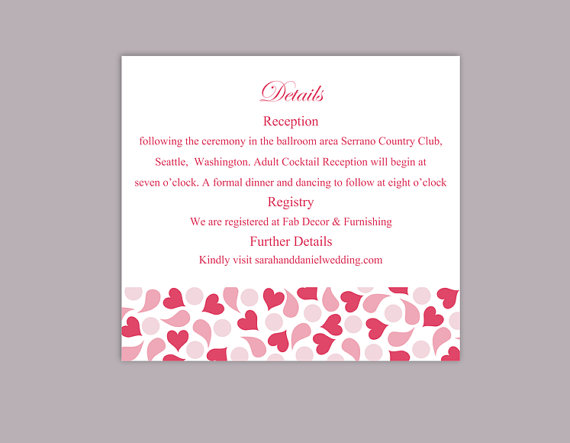 Hochzeit - DIY Wedding Details Card Template Editable Text Word File Download Printable Details Card Pink Red Details Card Elegant Enclosure Cards