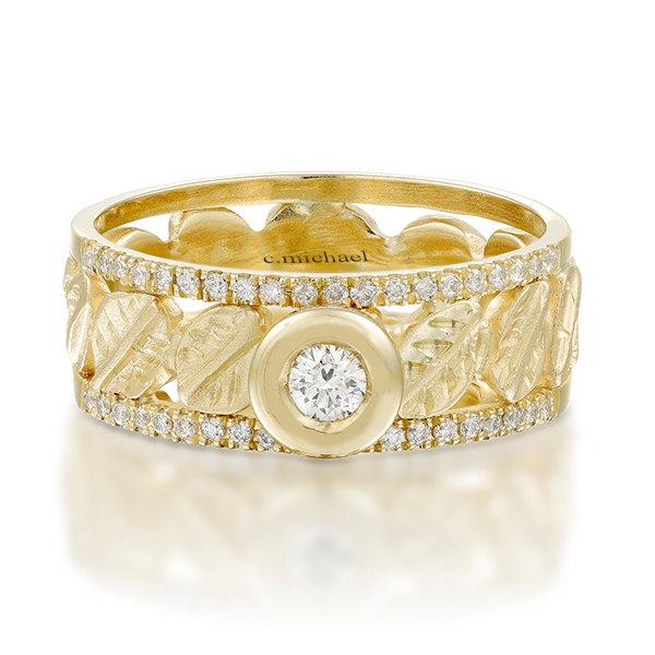 Wedding - Engagement Ring, 14k Yellow Gold Ring, Diamond Ring, Leaves Ring, Art Deco Ring, Antique Ring, Vintage Ring, Wedding Ring, Halo Ring