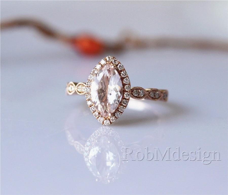 زفاف - 14K Rose Gold Morganite Engagement Ring VS 1.0ctw Marquise Cut Morganite Ring Halo Diamonds Aet Deco Half Eternity Ring Band Gemstone Ring