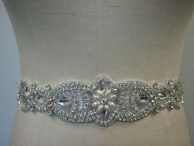 Mariage - Wedding Belt, Bridal Belt, Sash Belt, Vintage Inspired Belt - Crystal Rhinestone & Pearls - Style B199P