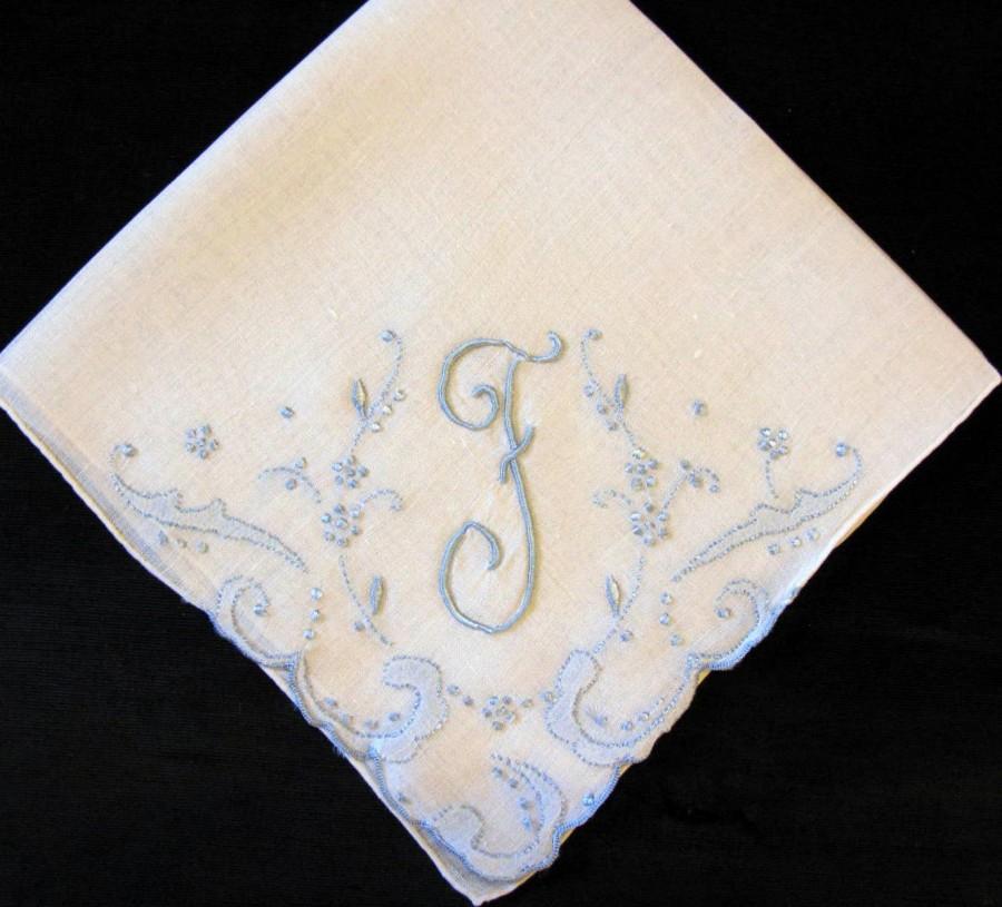 Wedding - Embroidered Letter F Initial Handkerchief Wedding Something Blue Wedding